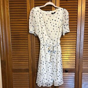 DKNY Sheer Fit & Flare Dress | Blue Abstract Print | Belted | Size 6